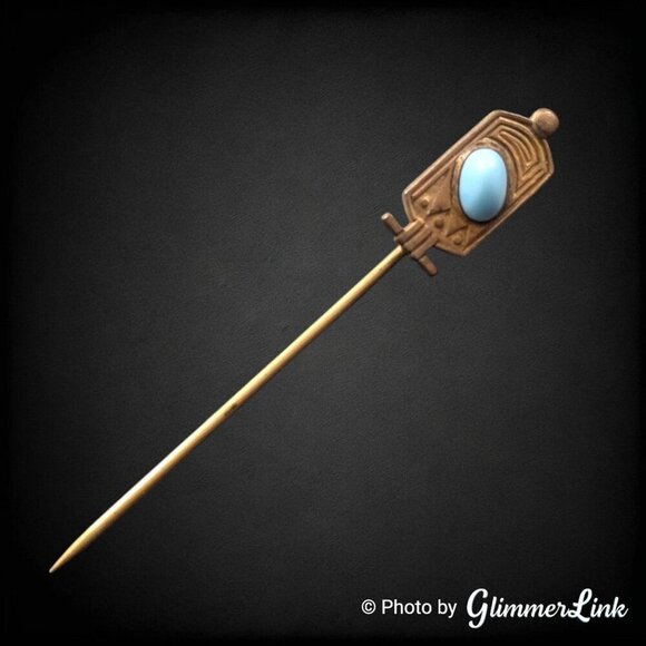 Antique Egyptian Style Slanted Oval Blue Stone Gold Tone Stick Pin - Picture 8 of 12